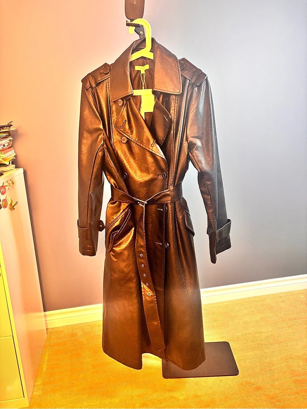 Max Studio Faux Leather Trench Coat Black Large NWT